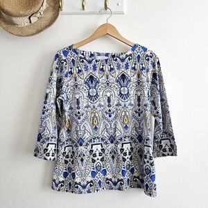 🌊 Coastal Luxury | Charter Club Blue & White Medallion Tunic Top – Size M